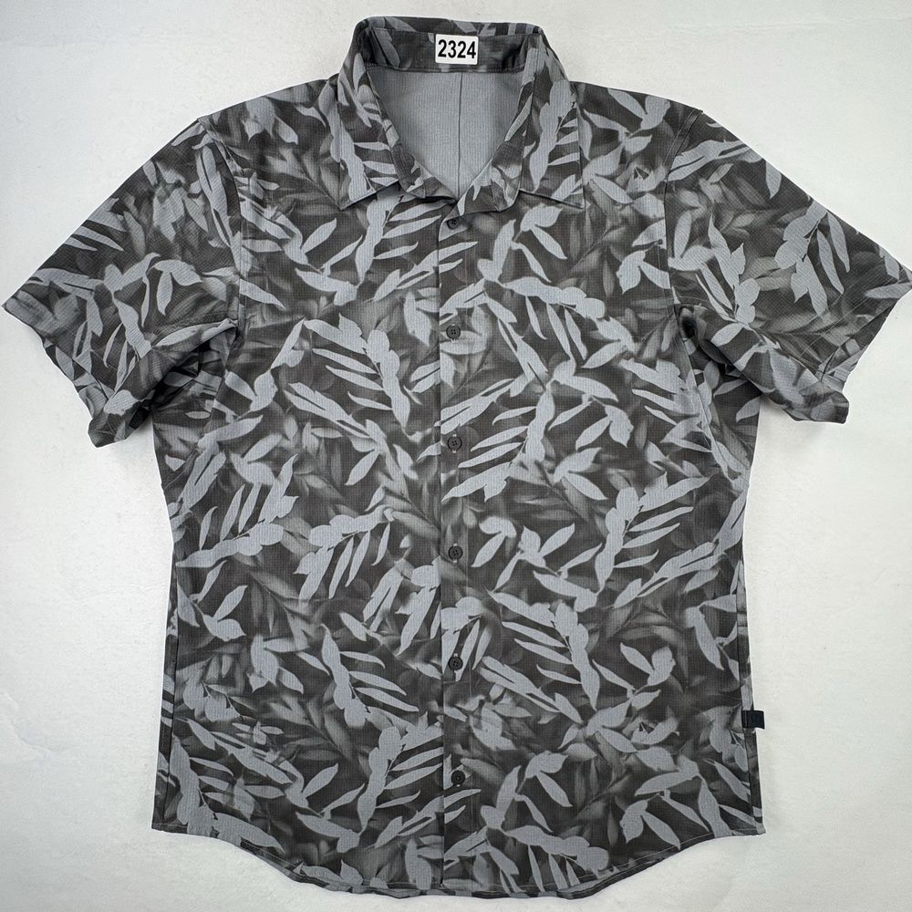 Lululemon Shirt Mens XL Gray Leaf Print Tropical Short Sleeve Button Up Casual